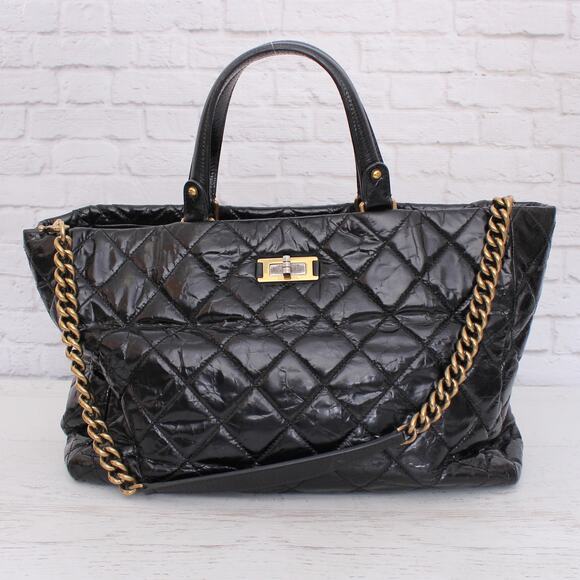 Chanel 2 Way Tote Black Glazed Calfskin Leather Shoulder Handbag Purse A4825 - Picture 1 of 11
